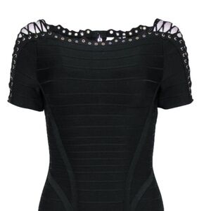 Herve Leger - Black Bandage Bodycon Dress W/ Lace-Up & Grommet Trim